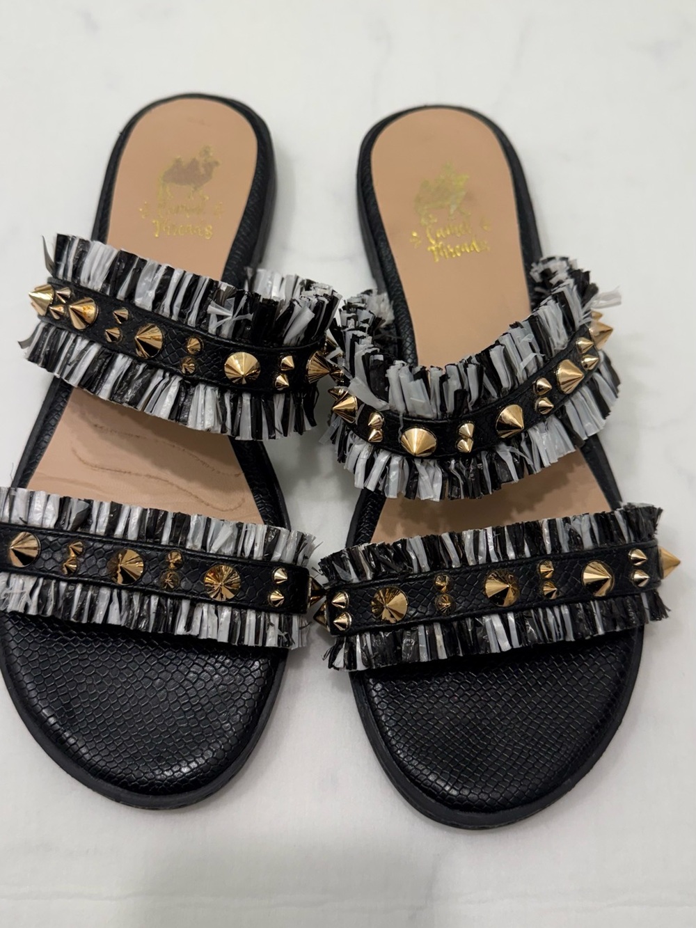 Camel Threads Black/White Ruffle Stud Slide Sandals Size 38